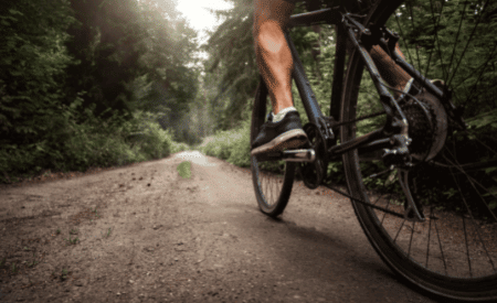 Person cyklar på en stig i en skog